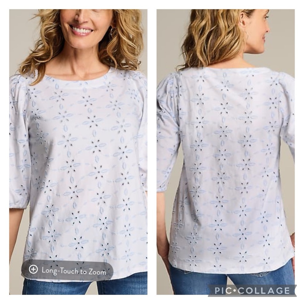 NWT J. Jill Contrasting-Eyelet Cotton Knit Top in White/Periwinkle